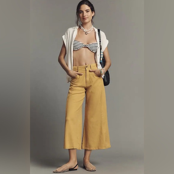 Pilcro Pants - Pilcro Adi Linen Blend Crop Flare Pants Golden Spice Mid-Rise Wide Leg 31 NWT